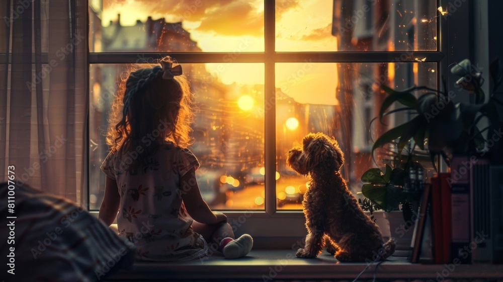 Back view of a little kid sit with a dog by window with beautiful view of city buildings at sunset.