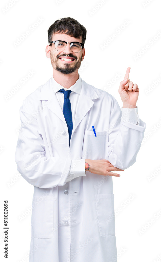 Young professional scientist man wearing white coat over isolated background with a big smile on face, pointing with hand and finger to the side looking at the camera. Young professional scientist man wearing white coat over isolated background with a big smile on face, pointing with hand and finger to the side looking at the camera.