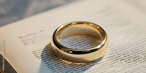 A wedding ring is placed in front of a book