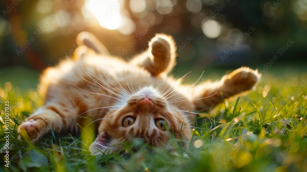 Cute baby cat playing on outdoor lawn with warm sunlight