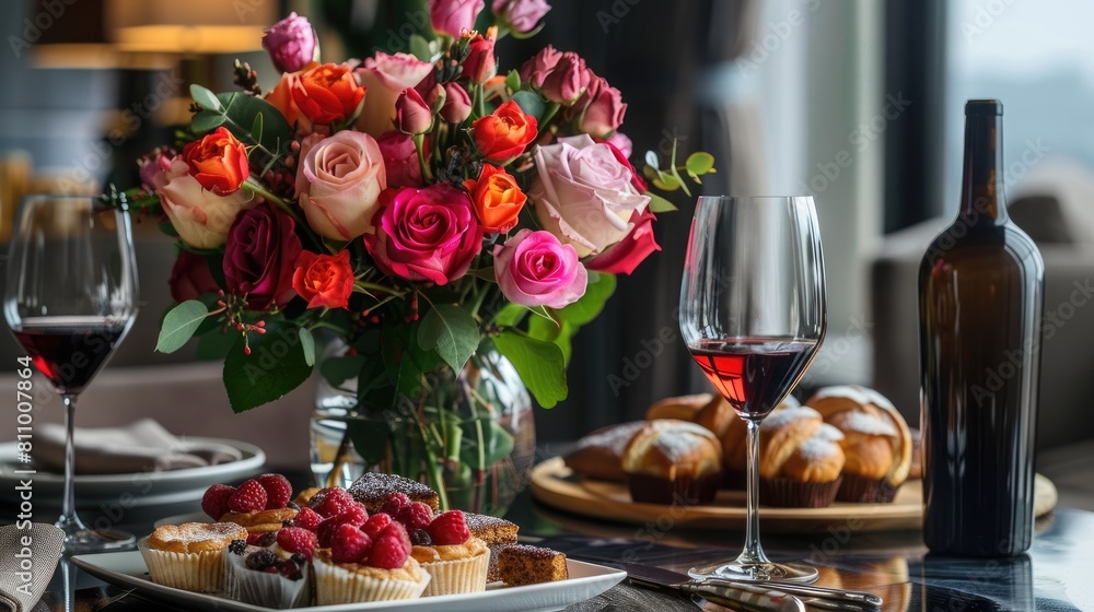 On the dining table in the room there is a lovely arrangement featuring a vase filled with vibrant flowers delectable pastries glasses of wine and a special gift for Valentine s Day