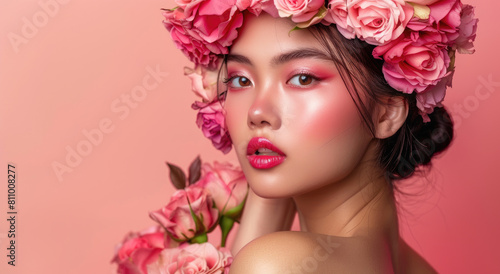 A beautiful woman with flowers in her hair and pink lipstick posing for the camera
