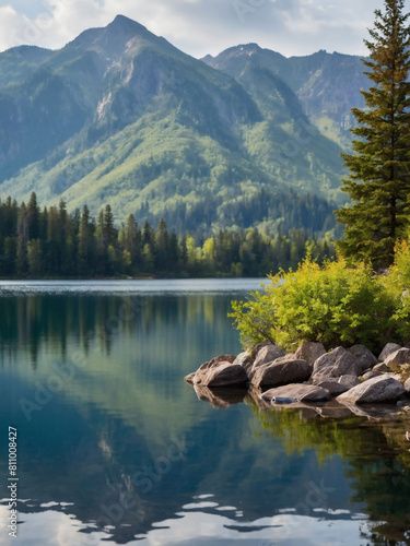 Mountain Lakeside Serenity  Tranquil Scene of Lake and Mountains