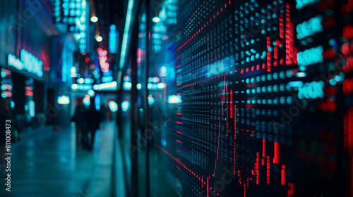 A man stands in front of a wall of computer screens displaying stock market data. The screens are filled with numbers and graphs  creating a sense of urgency and importance. The man is focused