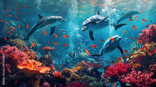 Underwater scene with dolphins and colorful coral reef full of red fish . Generative Ai photo