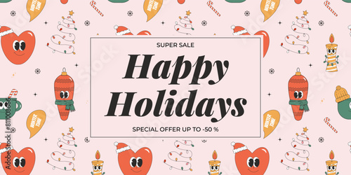 Merry Christmas and Happy New year greeting card template. Playful and cheeky characters in trendy groovy style. Vector illustration