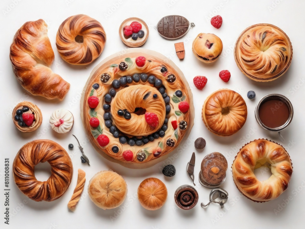 set of Danish pastry, healthy food, concept for baked goods of different flavours, top view, on white background. set of Danish pastry, healthy food, concept for baked goods of different flavours, top view, on white background.