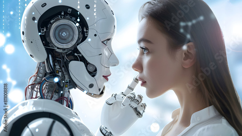 Cyborg woman and robot on blurred background