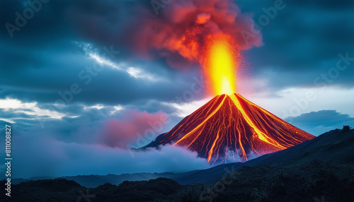Volcano. Erupting volcano. Red-hot lava. Volcano landscape