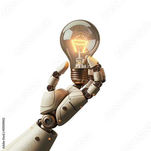 AI-driven innovation concept with a robotic hand holding a glowing light bulb, symbolizing ideas, technology, and future of automation in a minimalist style - AI generated