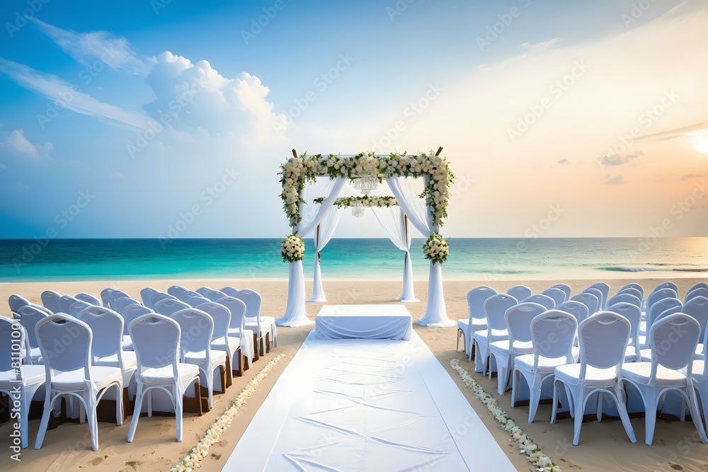 luxurious wedding, serene beach setting,white sweeping arches