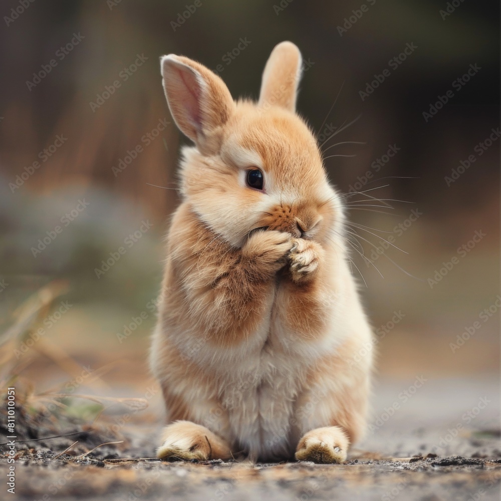 Closeup view of a standing rabbit cleaning itself with claw Closeup view of a standing rabbit cleaning itself with claw