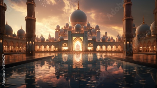 A magical Building Eid Ai-Fitr on Landscape, illuminated by the soft glow of ambient light and adorned with intricate details photo