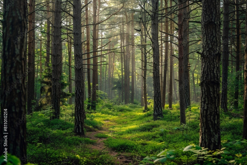 Obraz premium Sunlit Forest Path with Lush Greenery