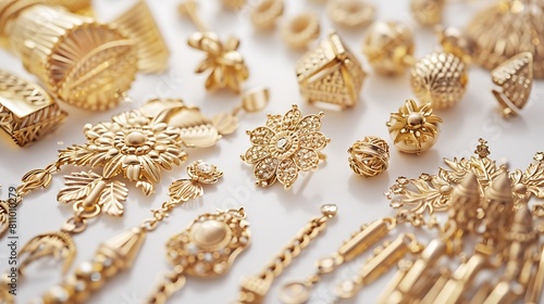 Shiny gold trinkets arranged elegantly on a white background, exuding richness and grandeur.