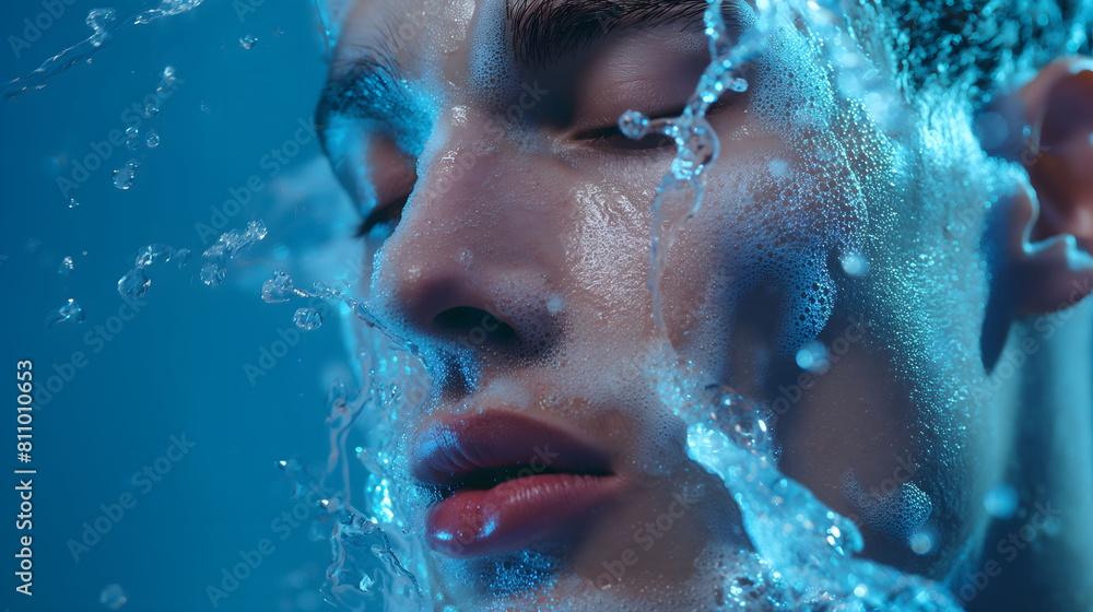 Close-up photo of a man with his face covered in foam and water splashes against a vibrant blue background, emphasizing a sense of freshness and vitality Close-up photo of a man with his face covered in foam and water splashes against a vibrant blue background, emphasizing a sense of freshness and vitality