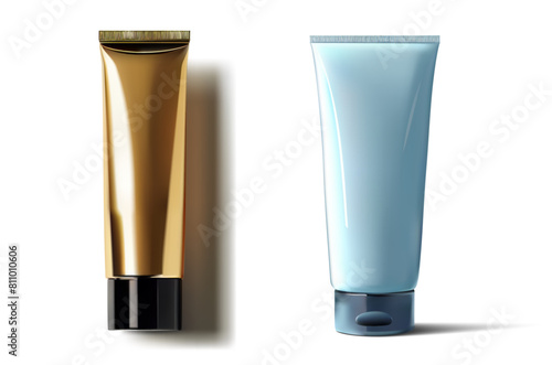 Premium Cosmetic Tubes in Gold and Blue with Realistic Shine. Realistic vector set showcasing skincare cream, toothpaste, or beauty cleanser packaging template. Blank plastic container.