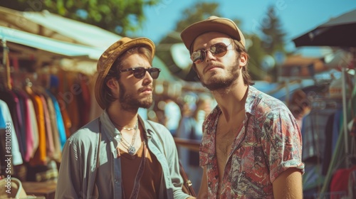 Two trendy brothers embracing their inner hipsters scouring the weekly vintage clothing flea market in the old town These best friends revel in their shared leisure time soaking up the sun a photo
