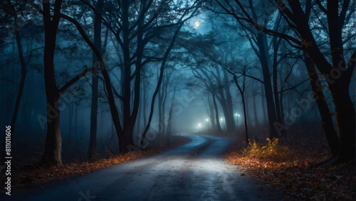 Mystical Woods  Fog-Clad Forest Under Moonlight  Abstract Bokeh Creating an Otherworldly Ambiance on Asphalt