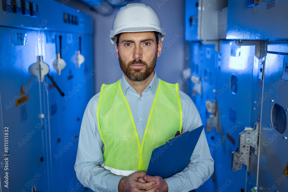 technician worker in white hard hat and green safety vest hold clipboard. Electrician man looking at camera at electric technical blue room. technician worker in white hard hat and green safety vest hold clipboard. Electrician man looking at camera at electric technical blue room.