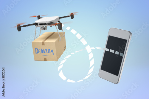 Smartphone linked to drone delivery concept photo