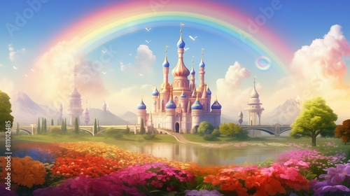 A magical illustration of a mosque surrounded by a field of colorful flowers, with a rainbow arcing across the sky above