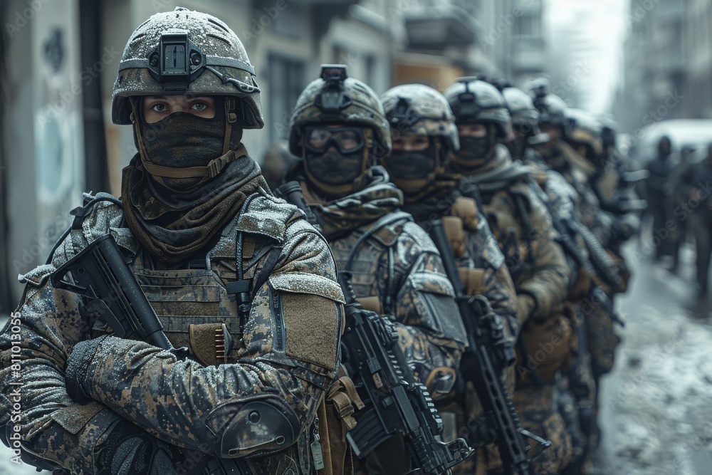 A group of soldiers in camouflage and tactical gear with rifles stand at attention in an urban setting A group of soldiers in camouflage and tactical gear with rifles stand at attention in an urban setting