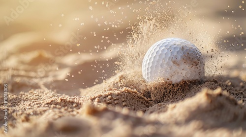 A close up of a golf ball hitting the sand of a sand trap. photo