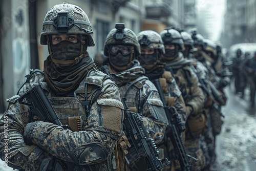 A group of soldiers in camouflage and tactical gear with rifles stand at attention in an urban setting