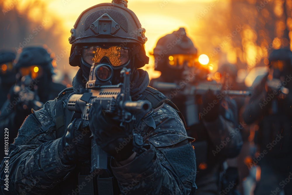 Elite unit member in combat gear aiming rifle with team in background amidst fiery sunset Focus on tactical preparedness and combat scenario Elite unit member in combat gear aiming rifle with team in background amidst fiery sunset Focus on tactical preparedness and combat scenario