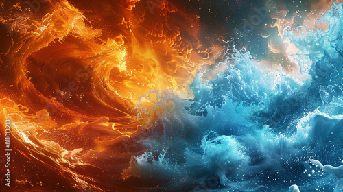 A dynamic clash of electric blue and bright orange waves  their vigorous interaction creating a stunning display of power and color.