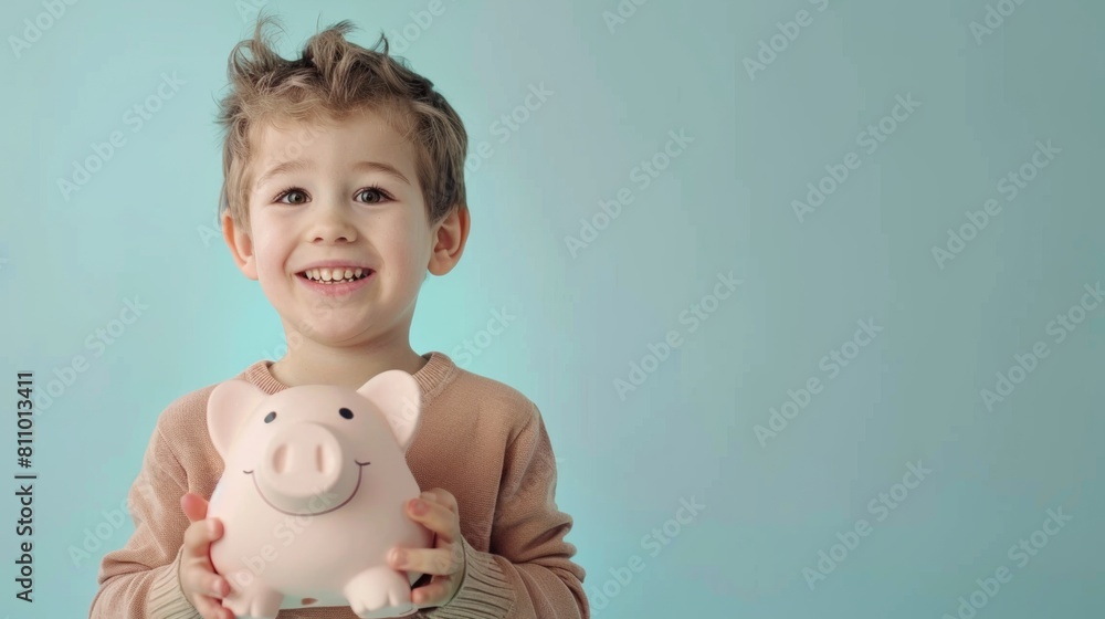 Happy little child holding a pink piggy bank Happy little child holding a pink piggy bank