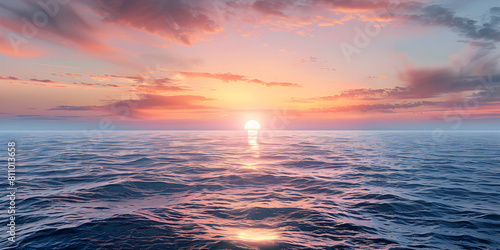Hyper realistic background sunny sky reflected in the water Sea surface ocean sunset rays aqua emptiness no one beautiful unrealistic landscape Loneliness concept Generative by AI photo