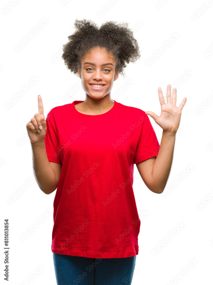 Young afro american woman over isolated background showing and pointing up with fingers number six while smiling confident and happy. Young afro american woman over isolated background showing and pointing up with fingers number six while smiling confident and happy.