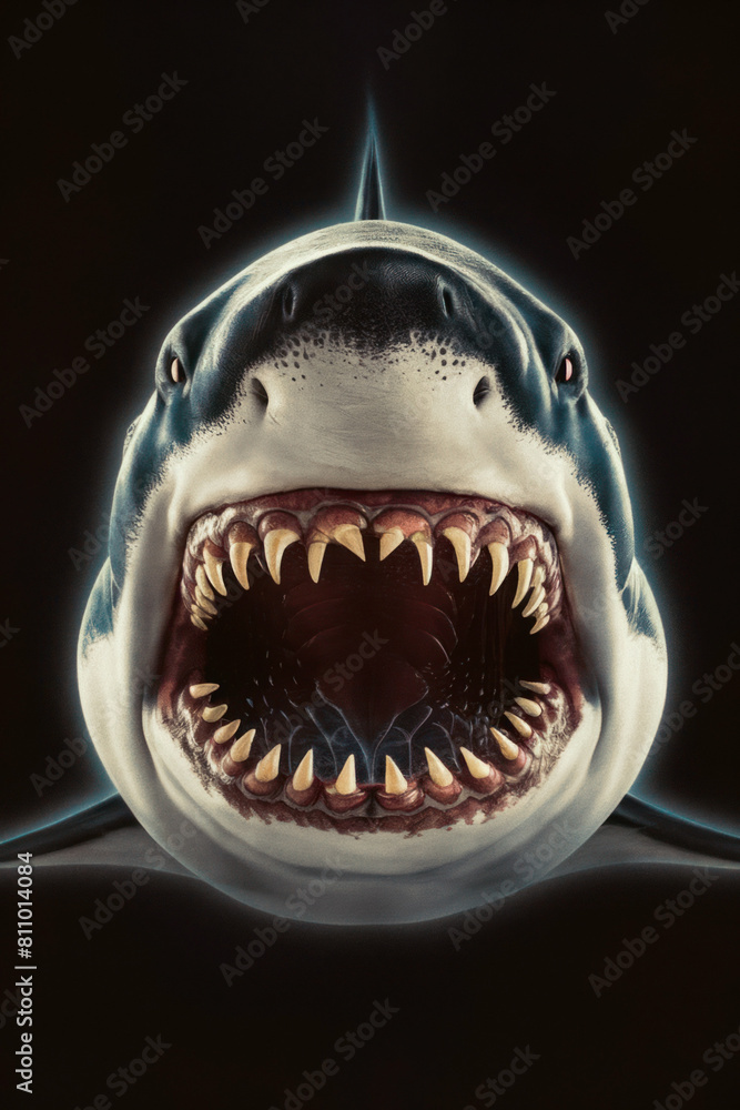 Naklejka premium Portrait of a shark set against a black background. Looking straight at the camera with open mouth. Soft blue glow rim lighting the animal figure. With a retro vintage sepia tint. Fierce animal.