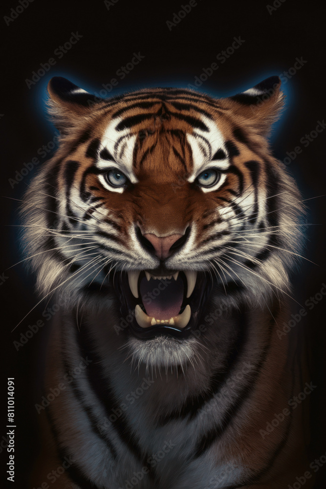 Portrait of a tiger set against a black background. Looking straight at the camera. Soft blue glow rim lighting the animal figure. With a retro vintage sepia tint. Fierce animal. Portrait of a tiger set against a black background. Looking straight at the camera. Soft blue glow rim lighting the animal figure. With a retro vintage sepia tint. Fierce animal.