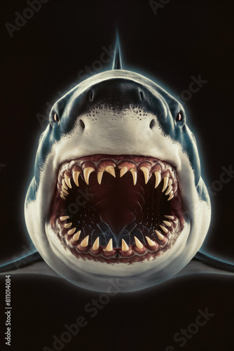 Portrait of a shark set against a black background. Looking straight at the camera with open mouth. Soft blue glow rim lighting the animal figure. With a retro vintage sepia tint. Fierce animal.