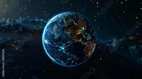 Illuminated Earth Globe with Network Connections Over Starry Space Background