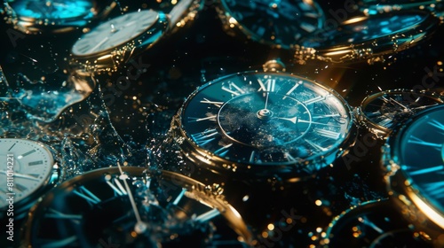 An assortment of watches with broken glass faces submerged in water, reflecting dim light. photo