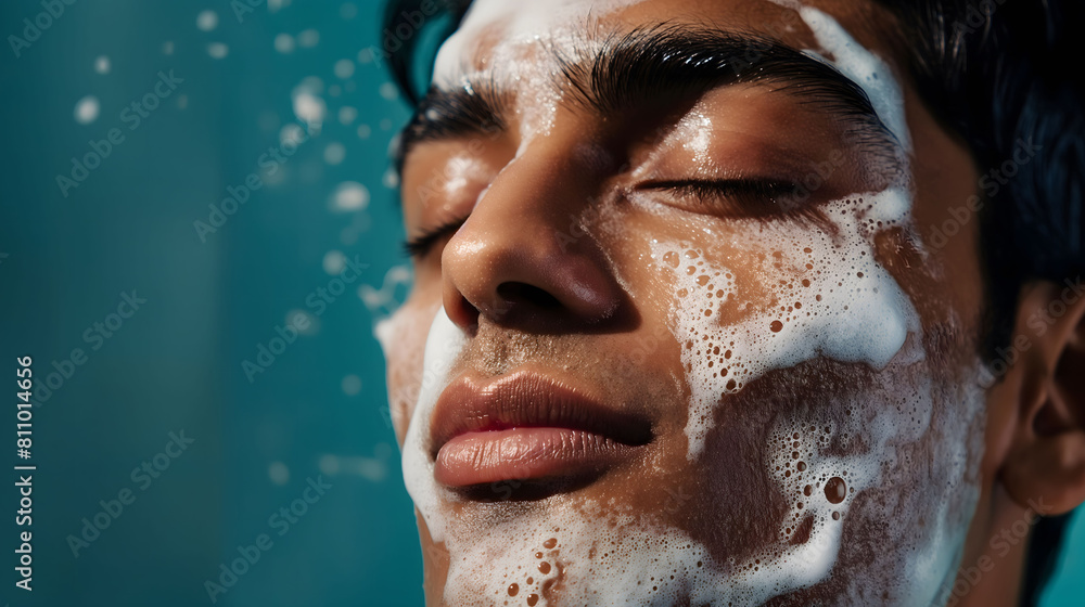 Close-up of a man's face covered in white foam, eyes closed in relaxation, set against a teal background, conveying a moment of calm and personal grooming Close-up of a man's face covered in white foam, eyes closed in relaxation, set against a teal background, conveying a moment of calm and personal grooming