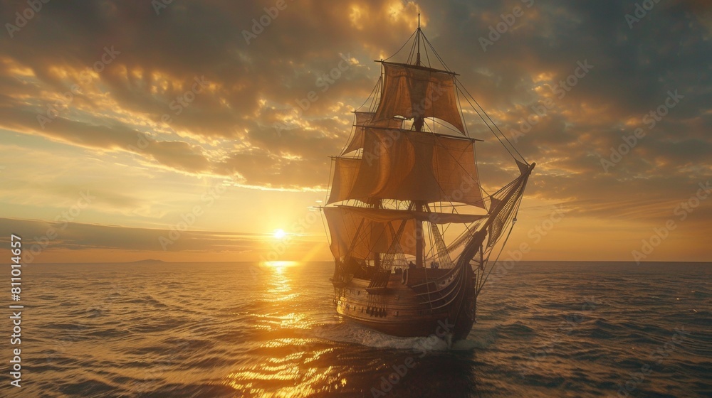 Obraz premium Sailing ship in sea water at sunset.