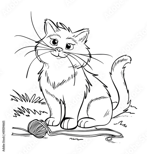 Cat plays with threads illustration coloring page - coloring book for kids