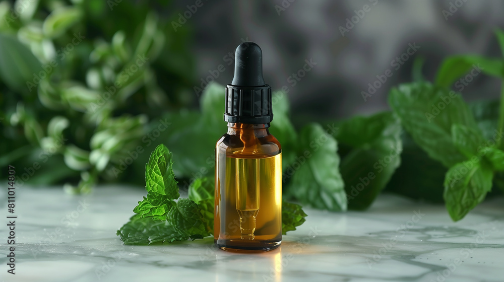A bottle of melissa essential oil with fresh melissa leaves in the background A bottle of melissa essential oil with fresh melissa leaves in the background