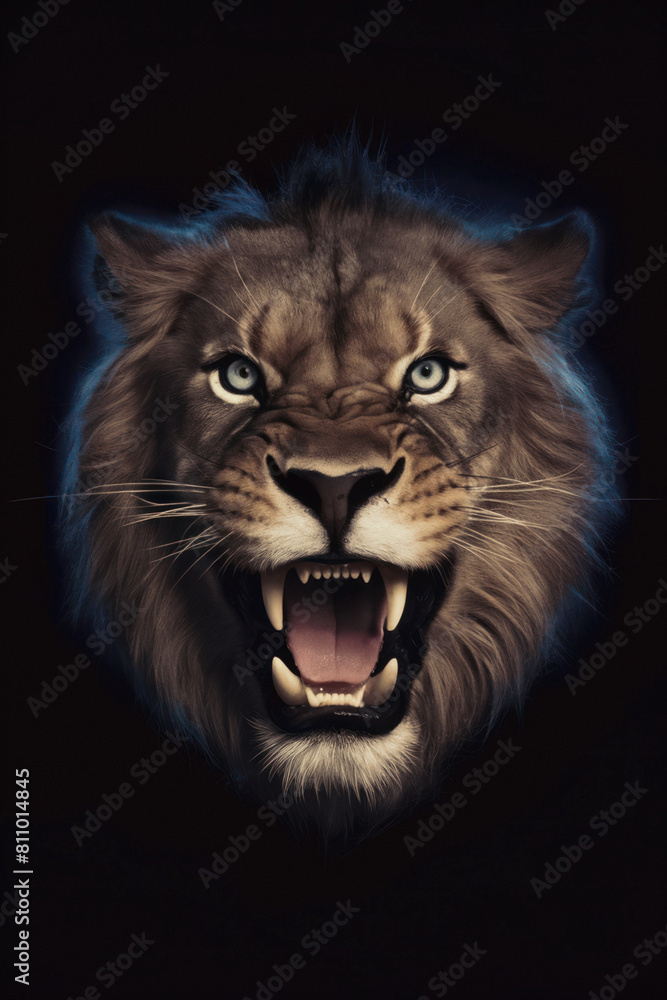 Portrait of a lion set against a black background. Looking straight at the camera. Soft blue glow rim lighting the animal figure. With a retro vintage sepia tint. Fierce animal. Portrait of a lion set against a black background. Looking straight at the camera. Soft blue glow rim lighting the animal figure. With a retro vintage sepia tint. Fierce animal.