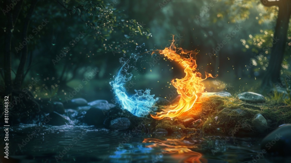 A magical display of fire and water intertwining in a serene forest setting, suggesting an otherworldly phenomenon.