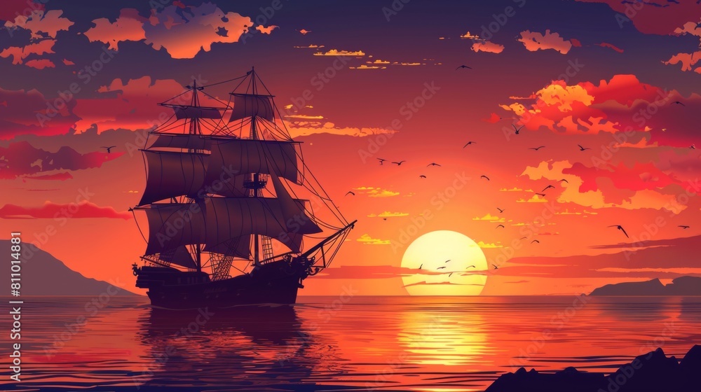 Sailing ship in sea water at sunset. Sailing ship in sea water at sunset.