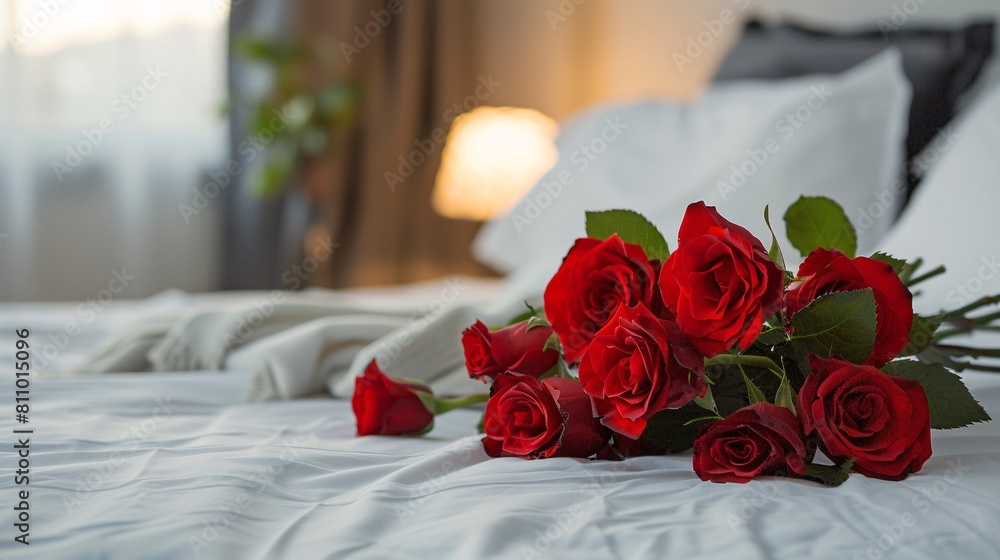 Fototapeta premium Red roses on the bed. Valentine's day concept. Copy space.