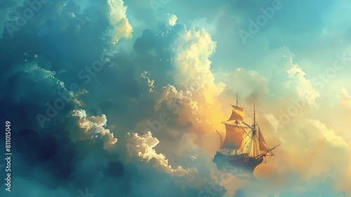 A vintage sailing ship flying in air above clouds. Fantasy wallpaper.