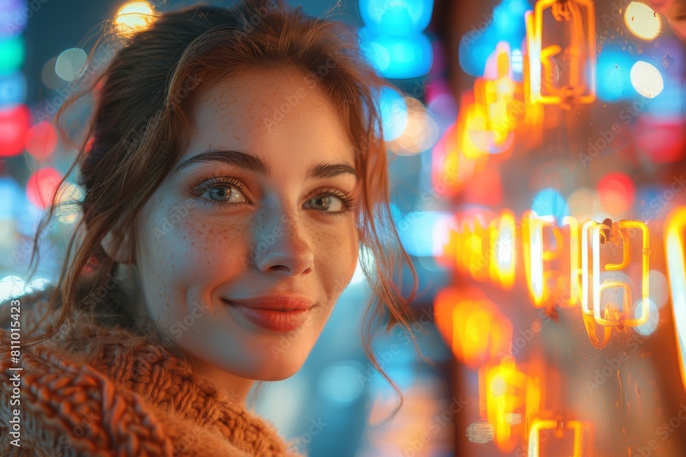 Radiant young woman smiles warmly, surrounded by the festive glow of bokeh lights Radiant young woman smiles warmly, surrounded by the festive glow of bokeh lights