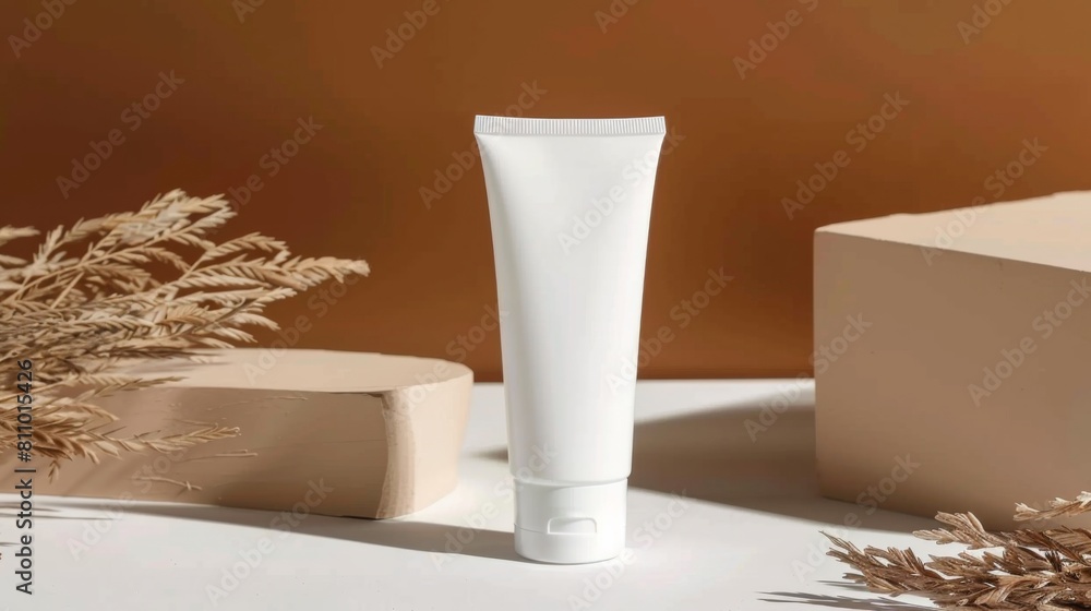 A sleek tube of cream rests on a rustic table, exuding elegance and simplicity A sleek tube of cream rests on a rustic table, exuding elegance and simplicity
